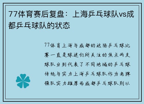 77体育赛后复盘：上海乒乓球队vs成都乒乓球队的状态